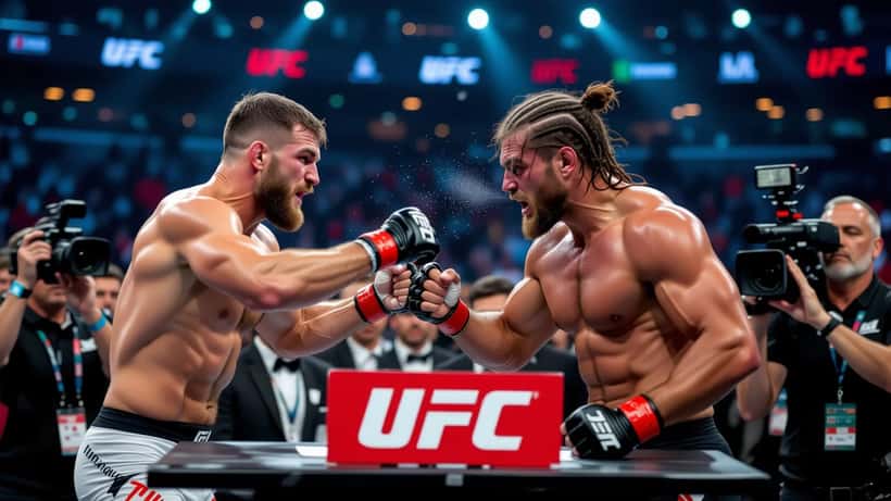 Khamzat Chimaev en Sean Strickland tijdens UFC 328 persconferentie confrontatie
