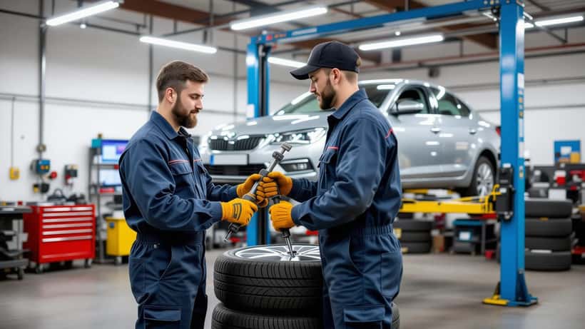 Meccanico monta pneumatici invernali su auto in officina, autunno 2026