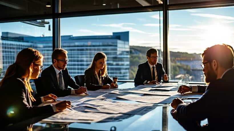 Norske arbeidstakere ser på lønnskontrakter og tariffavtaledokumenter i et kontormiljø