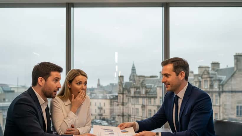 British financial adviser presenting a wealth management plan to lottery winners in an Edinburgh office
