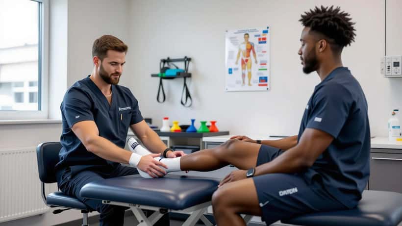 Sports physiotherapist examining a footballer's knee in a Leeds sports medicine clinic