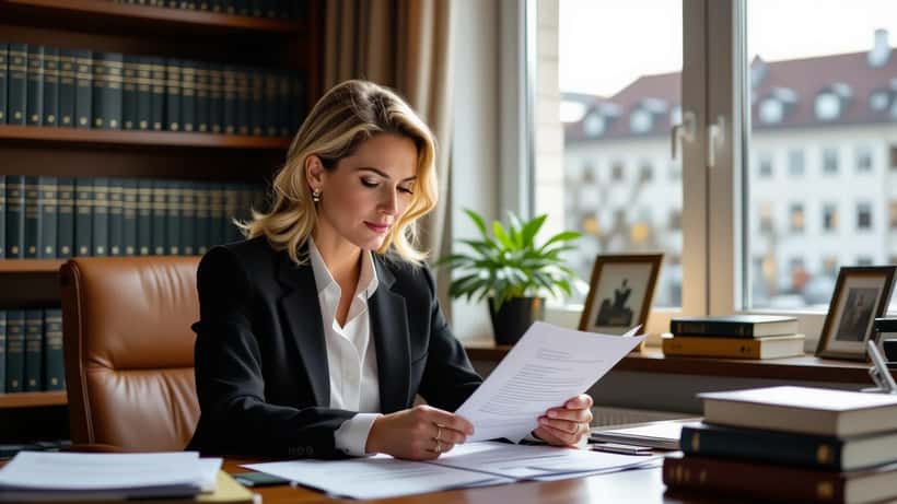 Rechtsanwältin prüft einen Bürgergeld-Bescheid in einem deutschen Anwaltsbüro