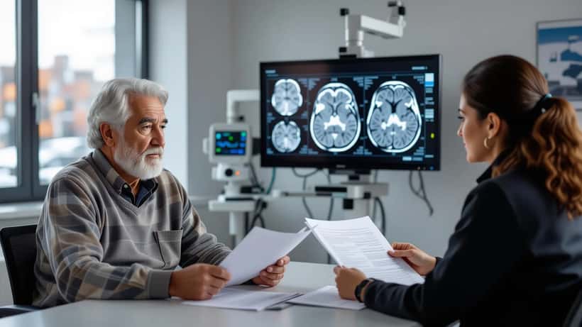 Paciente hispano mayor en consulta neurológica con médico revisando resonancia magnética