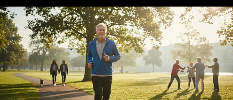 Aktiver älterer Mann beim Joggen im Park, gesund und fit mit 70 Jahren