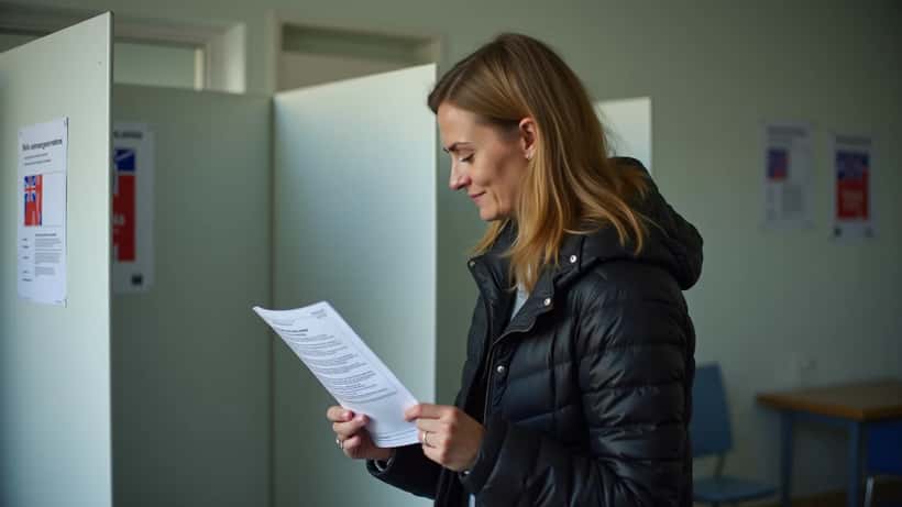 Íslenska kona í kjörklefa með kjörseðil í Reykjavík