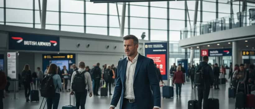 Frustrated British passenger at Heathrow Terminal 5 departure board with delayed flights
