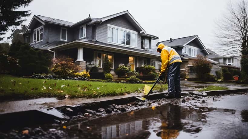 Propriétaire inspectant les gouttières et fondations de sa maison sous la pluie à Vancouver