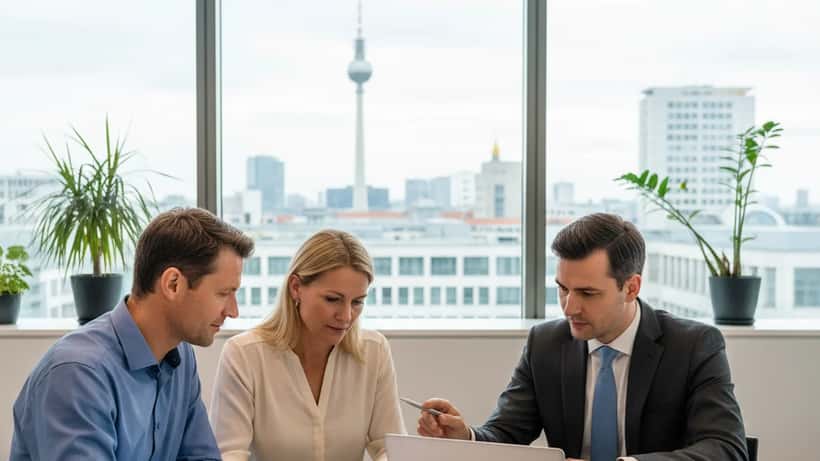 Deutsches Paar bespricht Auswanderungsunterlagen mit einem Steuerberater in einem modernen Berliner Büro