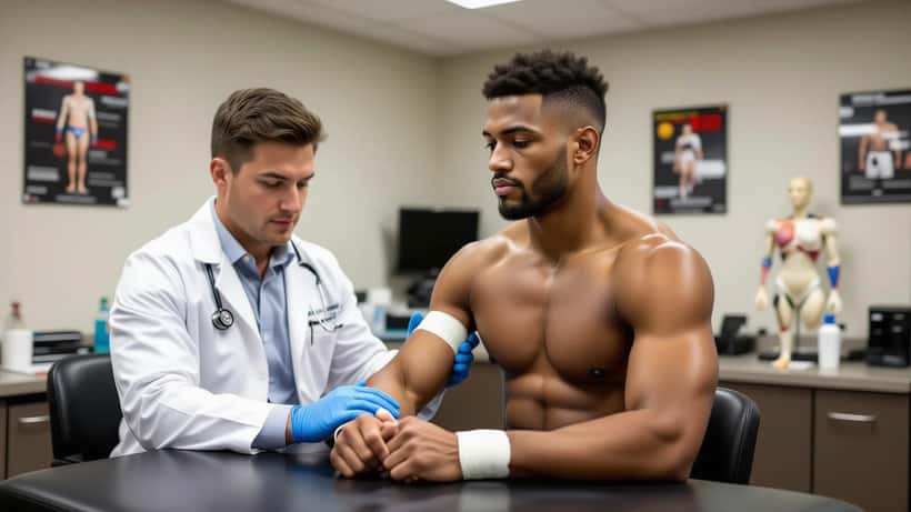 Sportmediziner untersucht einen MMA-Kämpfer mit Wrestling-Hintergrund nach UFC-Kampf 2026