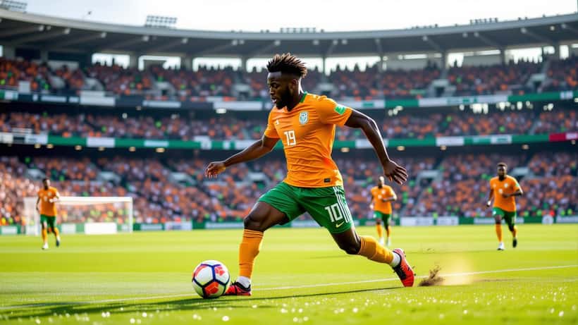 Young Ivory Coast footballer in orange kit sprinting at the 2026 World Cup stadium