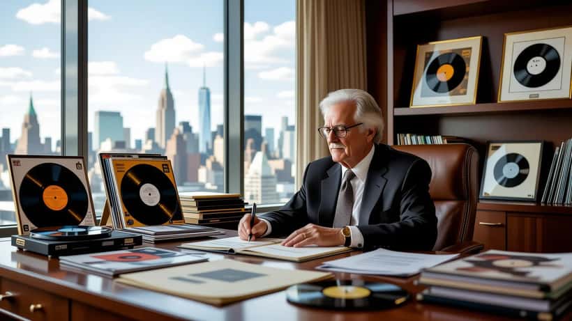 Music executive reviewing royalty contracts and gold records in Manhattan office