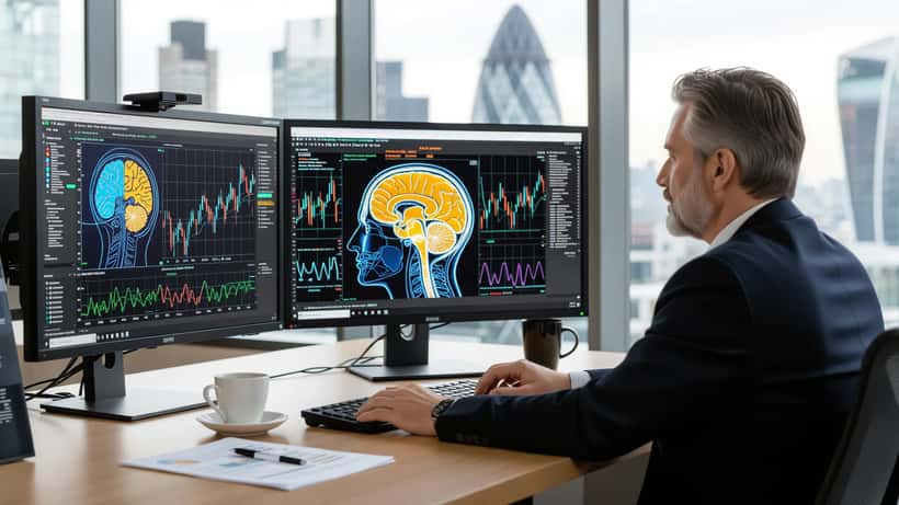 Financial adviser in City of London office reviewing brain biotech investment charts and Nobel Prize 2026 announcement