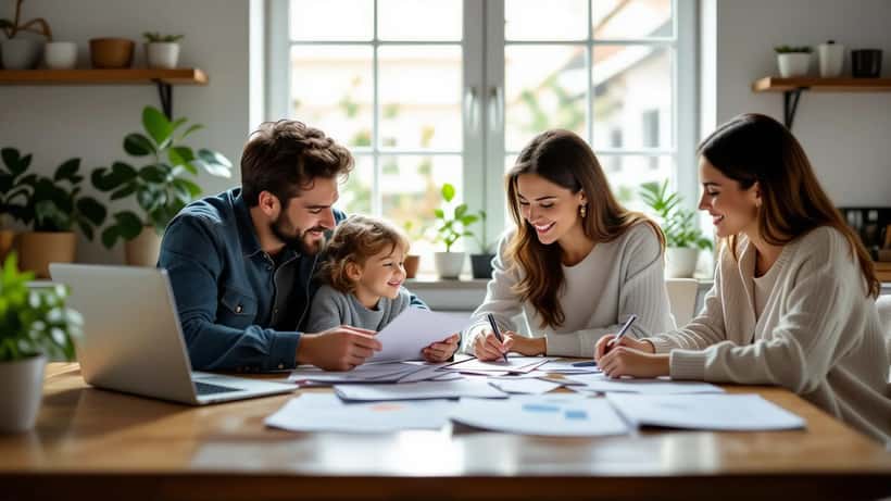 Familia hispana revisando documentos financieros y un poder notarial en la mesa de la cocina
