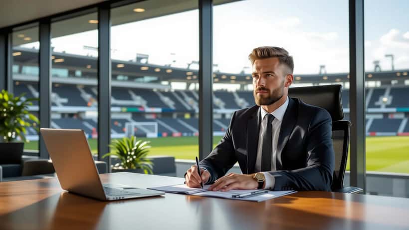 Fotballspiller signerer kontrakt med agent og rådgiver ved konferansebord