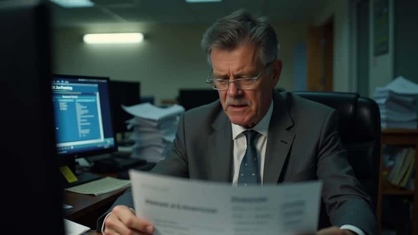 Civil servant reviewing pension statement with concern amid administrative backlog