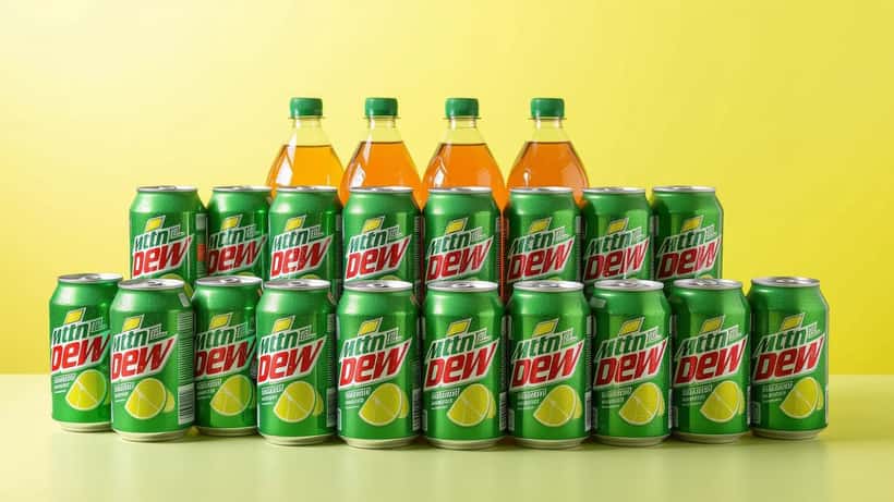 Botellas y latas de Mountain Dew en un bundle promocional de 2026 sobre fondo verde lima