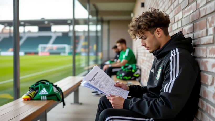 Jovem jogador de futebol lendo contrato de transferência em corredor de academia desportiva em Sevilha