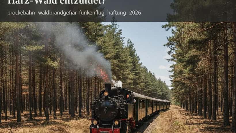 Dampflokomotive der Brockenbahn fährt bei Waldbrandgefahr durch trockenen Harzwald