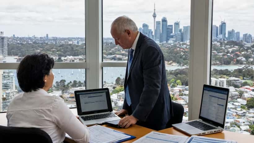 Wealth advisor discussing Australian property market charts with clients in a Sydney office