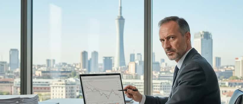 Consulente finanziario a Milano che analizza grafici obbligazionari su laptop con dati spread BTP-Bund