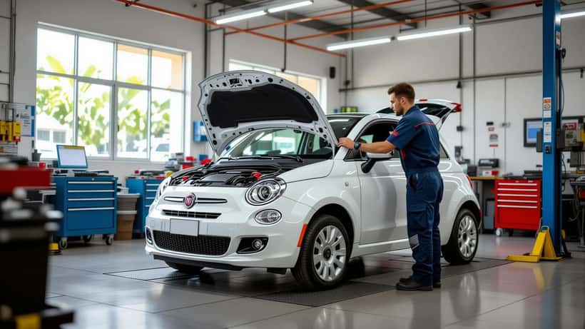 Mecânico inspecionando motor de um Fiat em oficina moderna no Brasil, 2026