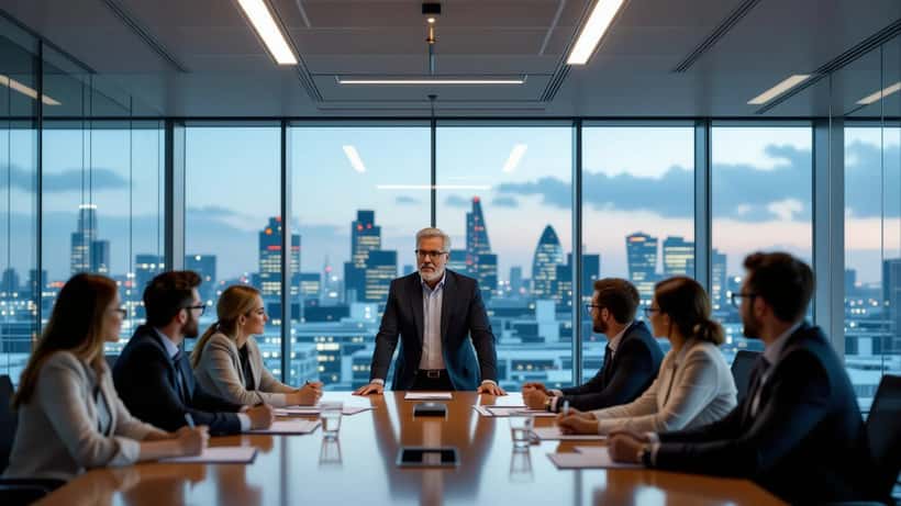 A tense corporate boardroom scene depicting workplace power dynamics and management pressure