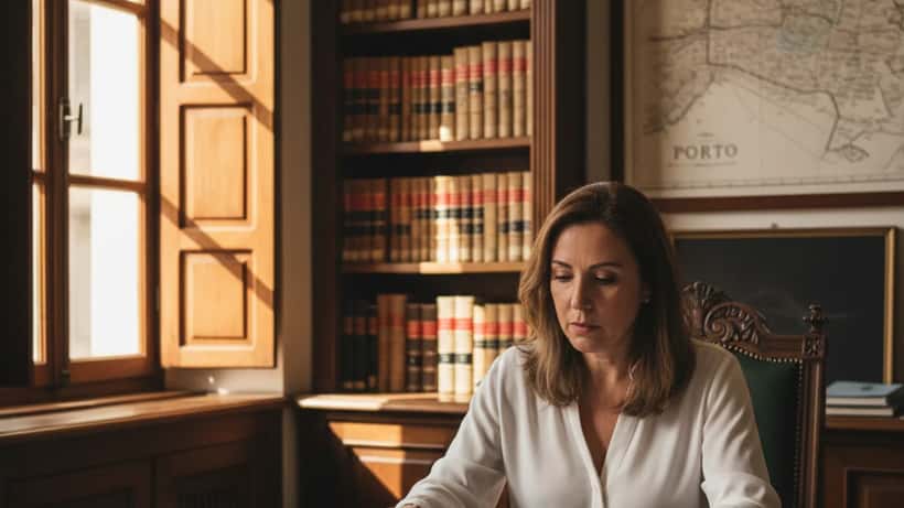 Advogada portuguesa revisando documentos sobre danos em propriedade no Porto