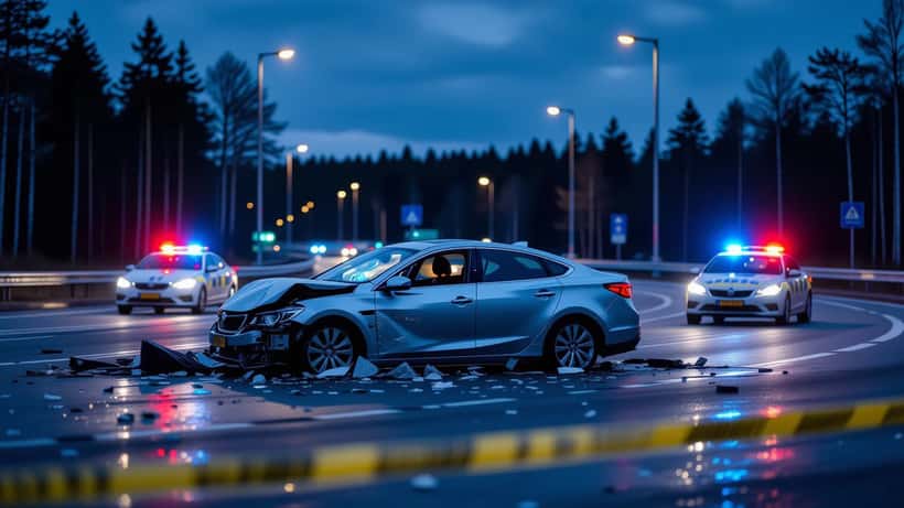 Svensk polisbil med blåljus vid en olycksplats på en motorväg