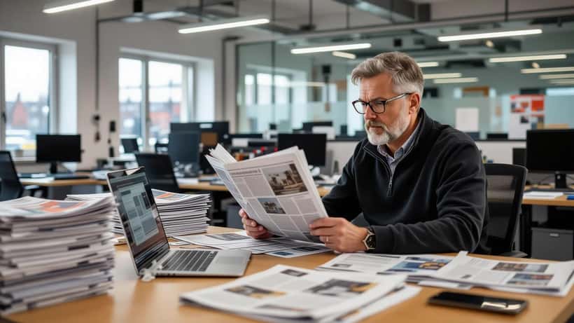 Toimittaja tarkastelee sanomalehteä ja tietokonetta Jyväskylän toimituksessa