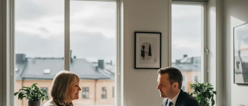 Kvinna konsulterar advokat i modernt stockholmskontor om offerrättigheter