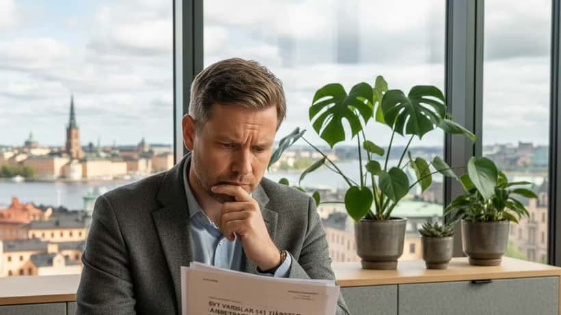 Man i Stockholm-kontor läser juridiska handlingar efter varsel
