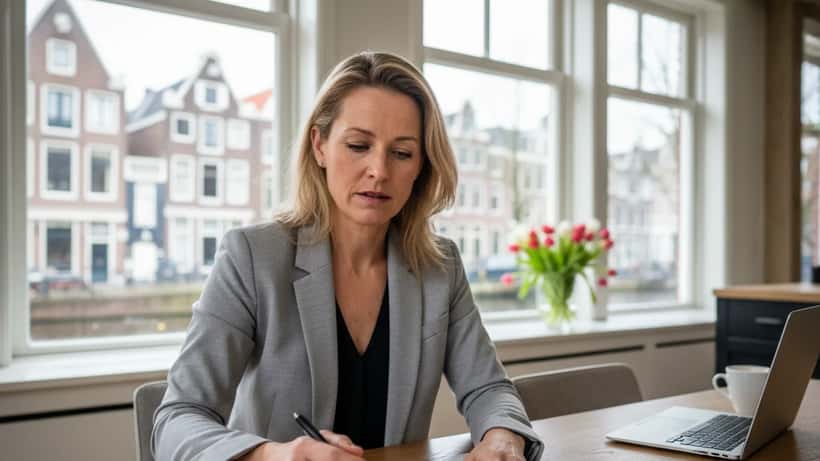 Nederlandse vrouw die huurcontract bekijkt aan keukentafel in Amsterdams appartement