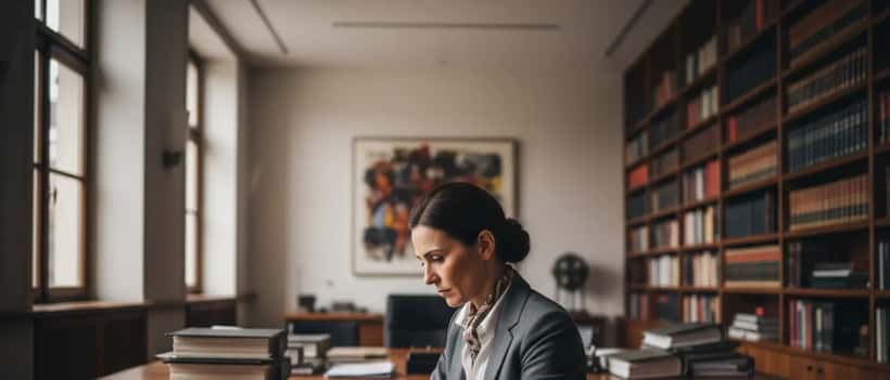 Avocate française consultant des documents juridiques dans un cabinet professionnel