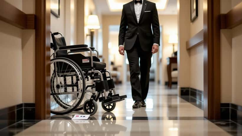 Wheelchair user facing raised bathroom threshold at a UK hotel corridor, illustrating disability access barriers under the Equality Act