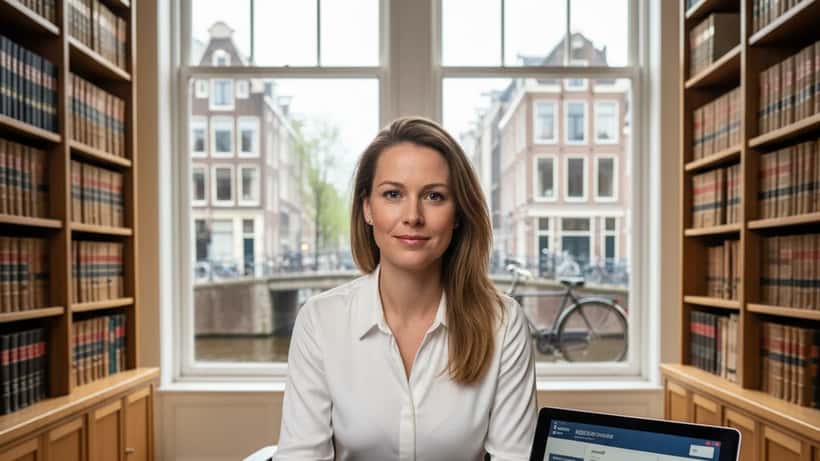 Nederlandse advocate bekijkt juridische documenten in een modern Amsterdams kantoor