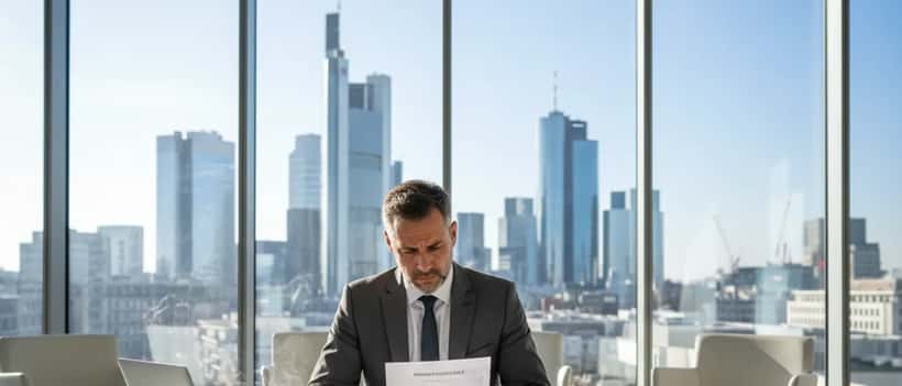 Deutscher Arbeitnehmer liest Arbeitsvertrag in einem modernen Frankfurter Büro