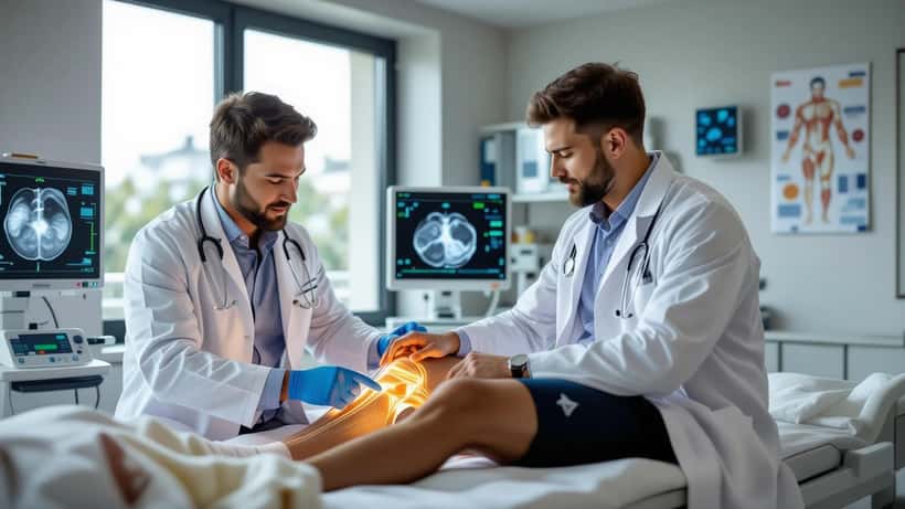 Médico desportivo a examinar a articulação do joelho de um atleta numa clínica moderna