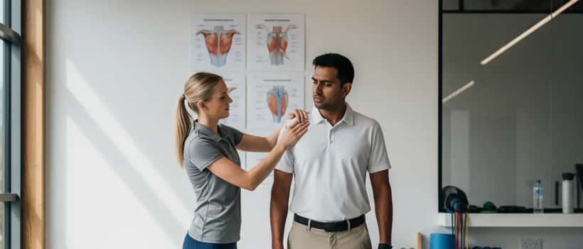 A British physiotherapist assessing a golfer's shoulder in a sports medicine clinic