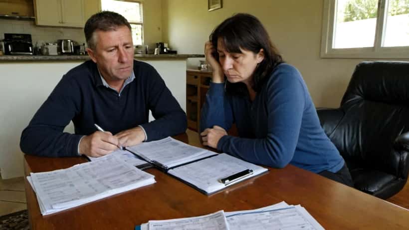 Australian couple reviewing mortgage documents and financial statements at kitchen table