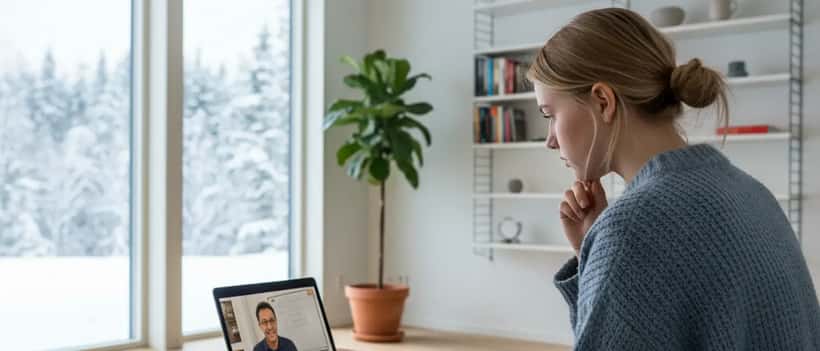 Ung svensk elev med privatlärare via videomöte på laptop i hemmet