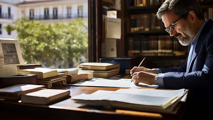 Notário português a rever documentos de testamento e sucessão numa secretária em Lisboa