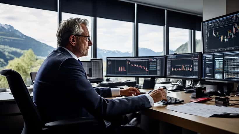 Conseiller financier suisse analysant la chute des prix du pétrole sur des écrans boursiers à Zurich