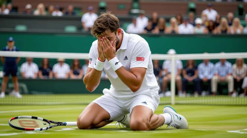 Roman Safiullin i tårer på græsbanen ved Wimbledon 2026 efter comeback fra knæskade