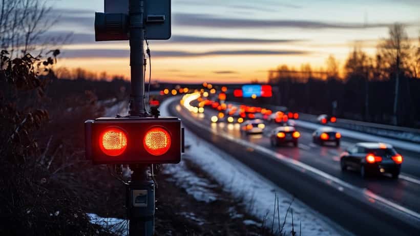 Fartkamera vid en svensk motorväg i skymning med bilar i rörelseoskärpa