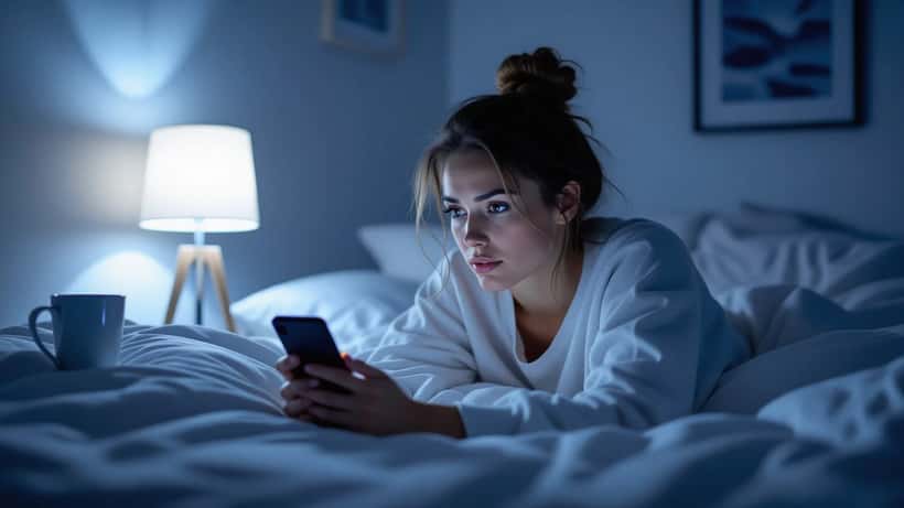 Femme stressée qui lit les actualités sur smartphone la nuit, visage éclairé par l'écran bleu dans un appartement sombre