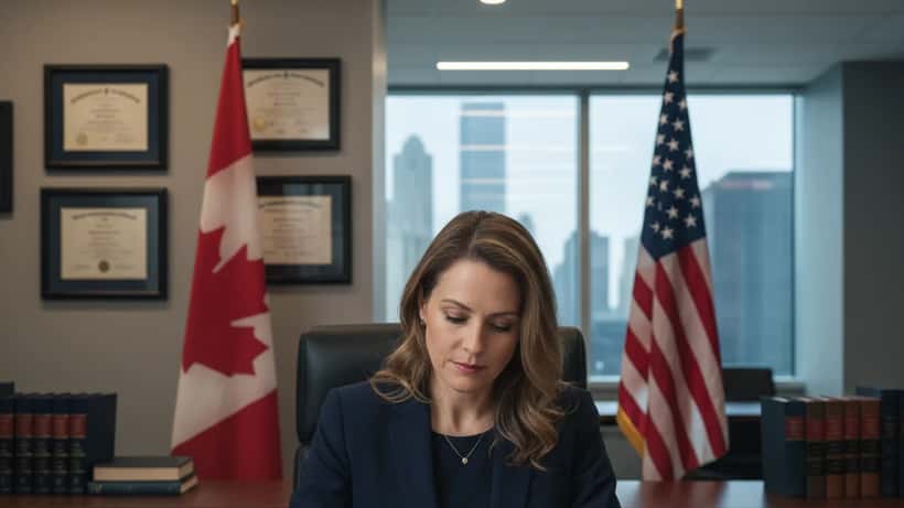 Woman lawyer reviewing Canadian citizenship application documents in a professional office