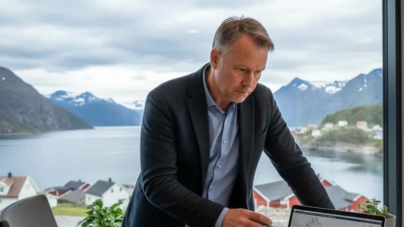 Norsk investor analyserer porteføljegrafar på en laptop i Oslo kontorbygg med utsikt over fjorden
