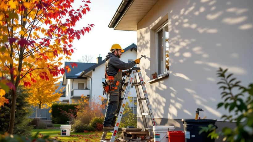Handwerker inspiziert Fassade im goldenen Oktober mit Leiter und Arbeitsgeräten
