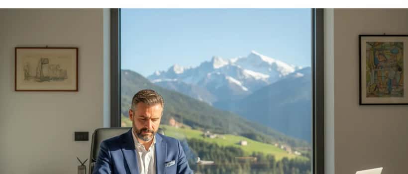 Un avvocato italiano che esamina documenti regionali con paesaggio alpino in background