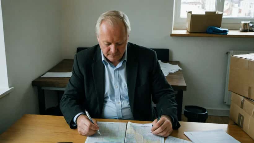 Man sitter vid köksbord med jobberbjudande och flyttkartonger i bakgrunden